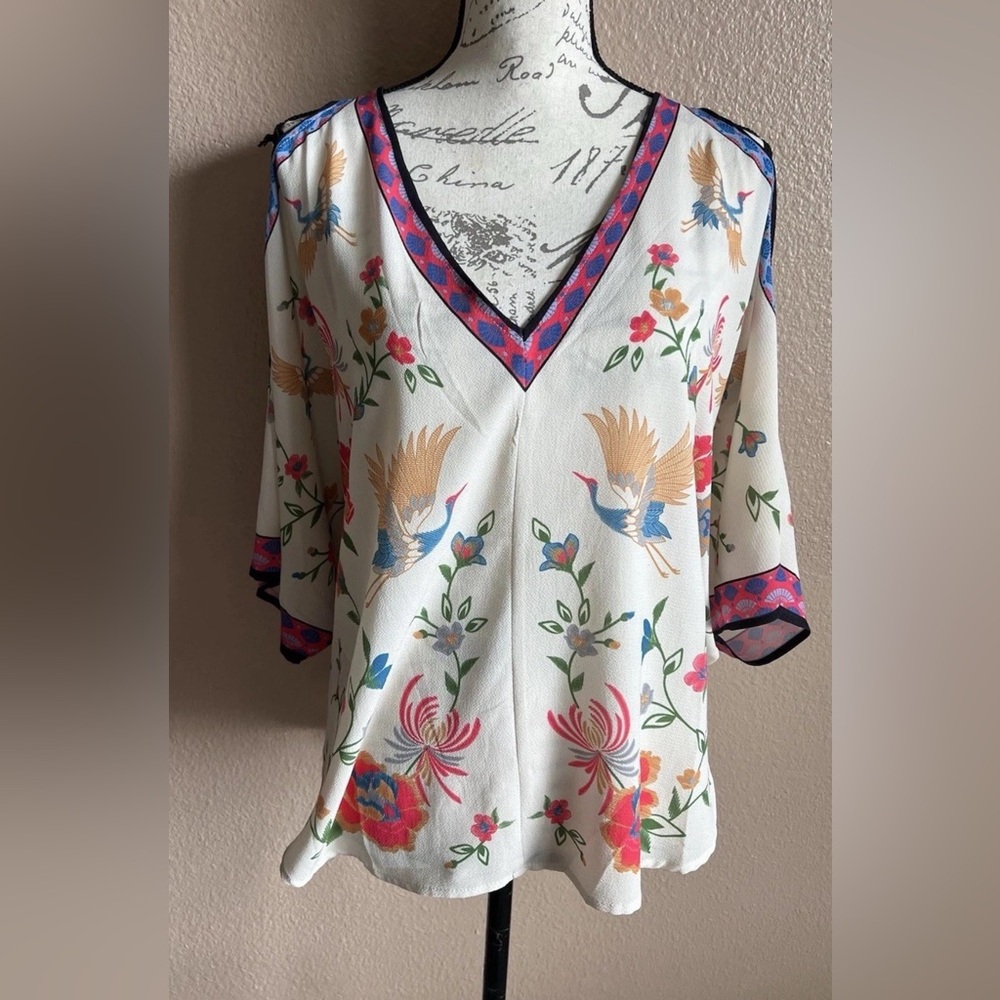 Anthropologie Flying Tomato Boho Cold Shoulder Floral Birds V-Neck Blouse Sz L